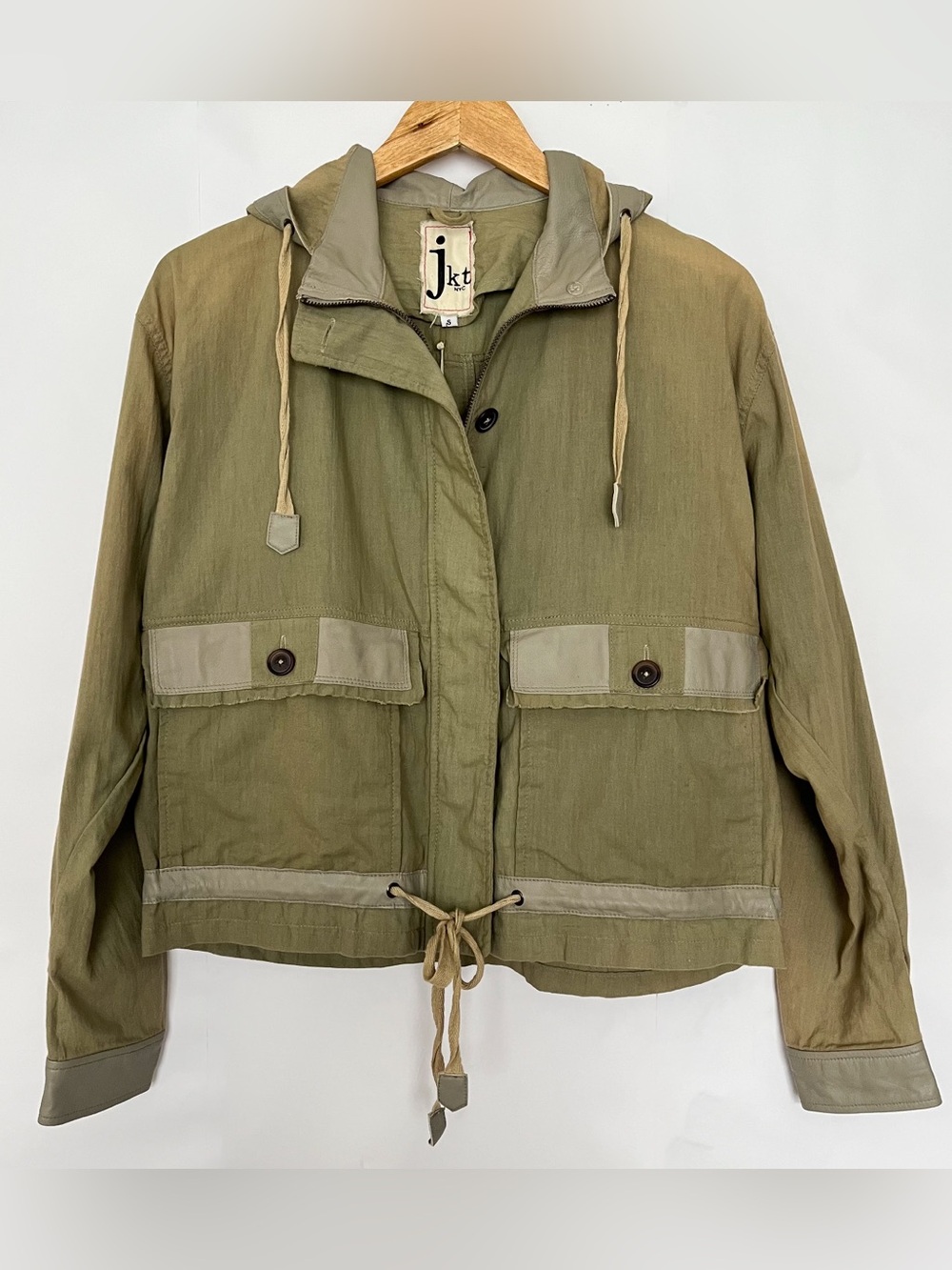 Jakett New York Breanna Cotton Leather Jacket Lagenlook Boxy Size Small Green